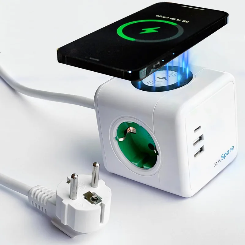 ZASPARE ▫️ Faixa de Alimentação Cube com 2 USB Tipo A e 1 USB Tipo C, Carregamento Rápido, Carregamento Sem Fios Sem Fios 15 W. Ladrão de fichas com 3 tomadas 220V 3680W 16A, cabo de extensão de ficha de 1,5 metros.