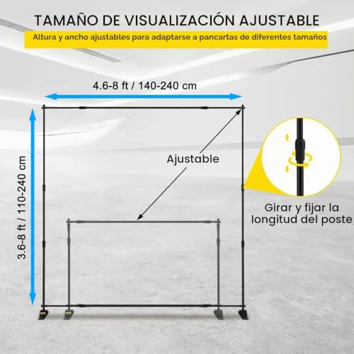 VEVOR ▫️ Suporte para painel publicitário de 2,4 m x 2,4 m, largura de 35" a 96", suporte para banner com altura ajustável de 40" a 96", para feiras comerciais — leve, telescópico e ajustável — expositor 4