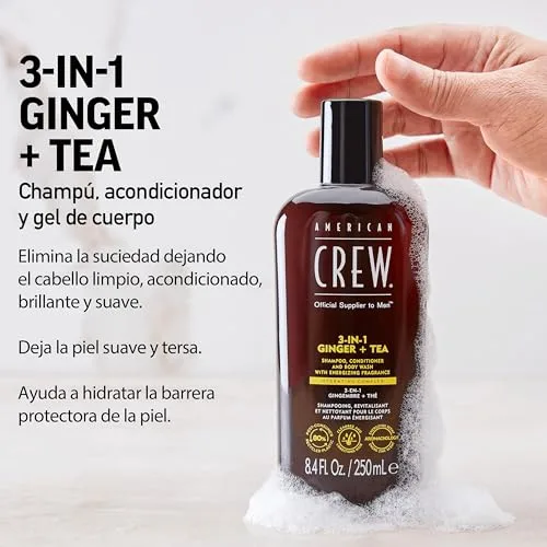 American Crew ▫️ 3 em 1 Ginger + Tea, Champô, Condicionador e Gel de Banho, Limpa e hidrata o cabelo e o corpo, mantém e repõe a barreira de hidratação, aroma revitalizante e energizante 2