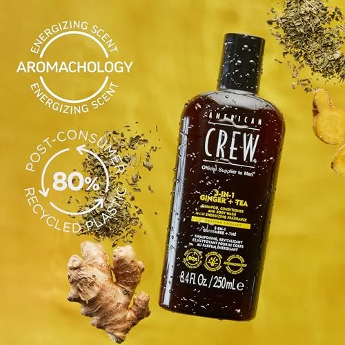 American Crew ▫️ 3 em 1 Ginger + Tea, Champô, Condicionador e Gel de Banho, Limpa e hidrata o cabelo e o corpo, mantém e repõe a barreira de hidratação, aroma revitalizante e energizante 3
