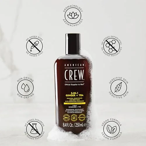 American Crew ▫️ 3 em 1 Ginger + Tea, Champô, Condicionador e Gel de Banho, Limpa e hidrata o cabelo e o corpo, mantém e repõe a barreira de hidratação, aroma revitalizante e energizante 4