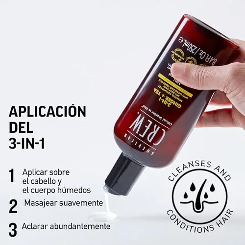 American Crew ▫️ 3 em 1 Ginger + Tea, Champô, Condicionador e Gel de Banho, Limpa e hidrata o cabelo e o corpo, mantém e repõe a barreira de hidratação, aroma revitalizante e energizante 5