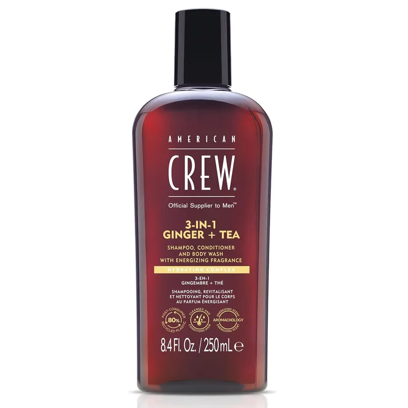 American Crew ▫️ 3 em 1 Ginger + Tea, Champô, Condicionador e Gel de Banho, Limpa e hidrata o cabelo e o corpo, mantém e repõe a barreira de hidratação, aroma revitalizante e energizante