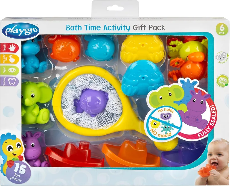 Playgro ▫️ Pack de actividades de banho - Conjunto de 15 peças, brinquedos de banho para bebés, presente ideal, flutuar e salpicar, a partir dos 6 meses