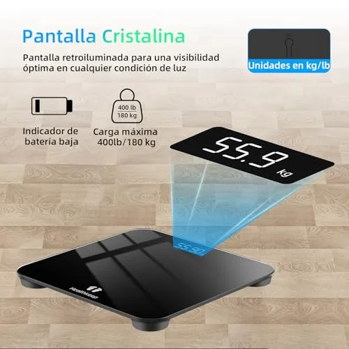 Healthkeep ▫️ Balança de casa de banho, balança digital com ecrã LED, balança de peso corporal de alta precisão, capacidade máxima de 180 kg, tecnologia Step-On, preta 3
