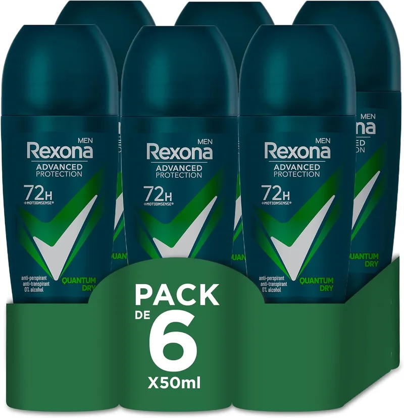Rexona ▫️ Advanced Protection Desodorizante Roll-On para Homem Quantum Dry 72h 50 ml - Embalagem de 6