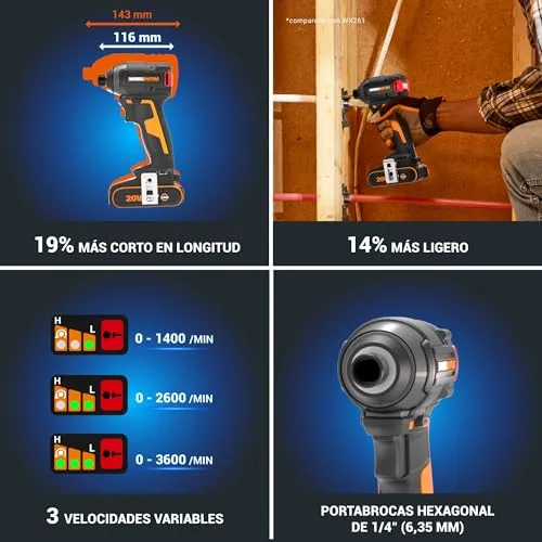 WORX ▫️ WX265 Aparafusadora de impacto Nitro 20 V sem escovas, 200 Nm, 3 velocidades, 2 modos, 2 baterias de 2 Ah, para metal, madeira e automoción 5