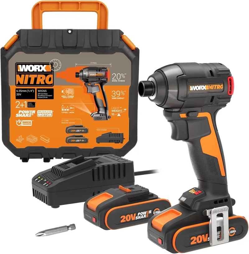 WORX ▫️ WX265 Aparafusadora de impacto Nitro 20 V sem escovas, 200 Nm, 3 velocidades, 2 modos, 2 baterias de 2 Ah, para metal, madeira e automoción