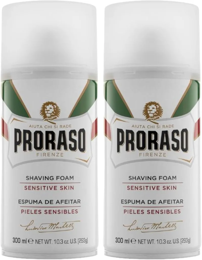 Proraso ▫️ Espuma de barbear, 300 ml, creme de barbear que protege a pele sensível, gel de barbear nutritivo com extratos de aveia e chá verde, branco (Embalagem de 2)