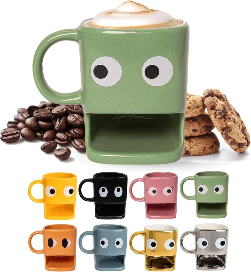 Fisura ▫️ Caneca original para oferecer «olhos». Caneca com suporte para bolachas. Caneca de cerâmica com espaço para bolachas. Caneca de 240 ml. (Verde)