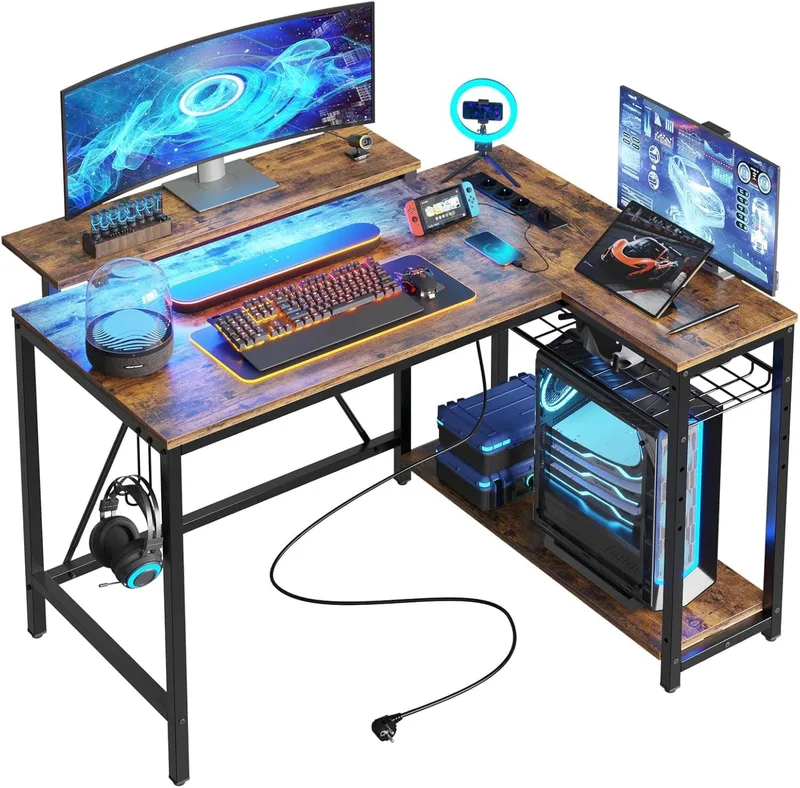 Bestier ▫️ Secretária em forma de L com tomadas elétricas e luzes LED, secretária de canto com prateleiras, reversível para computador, para casa, escritório, quarto, espaços pequenos, 106,5 cm