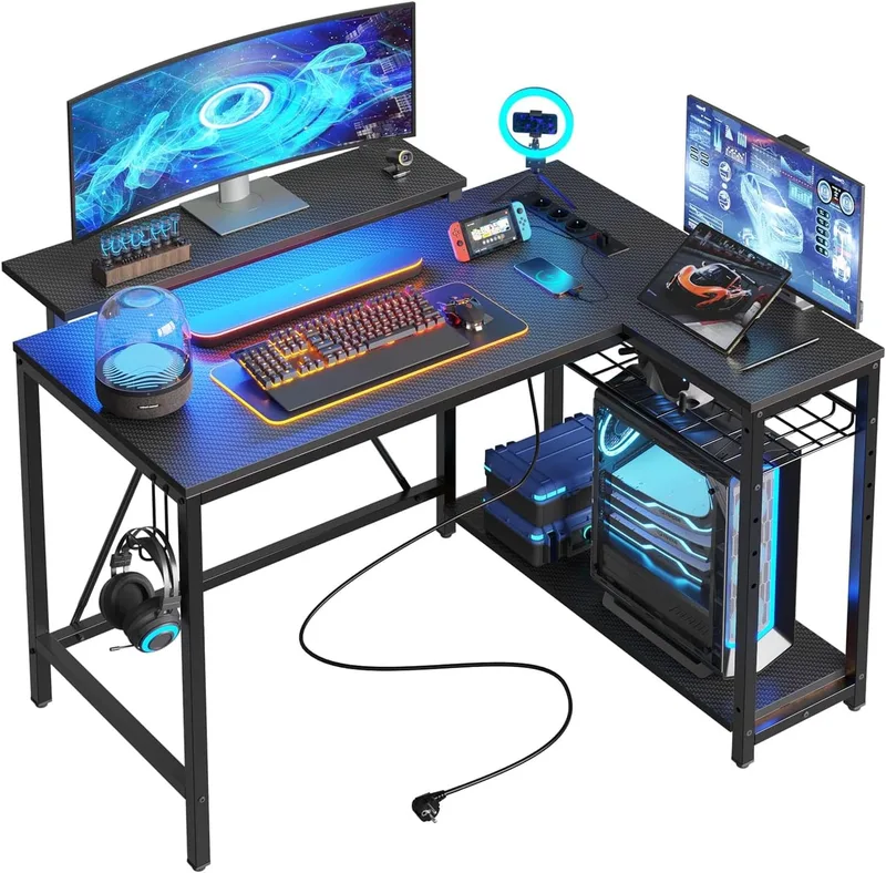 Bestier ▫️ Secretária em forma de L com tomadas e luzes LED, secretária de canto com prateleiras, reversível para computador, para casa, escritório, quarto, espaços pequenos, 106,5 cm | Com tomadas e iluminação LED, reversível, com prateleiras e ganchos, para escritório em casa