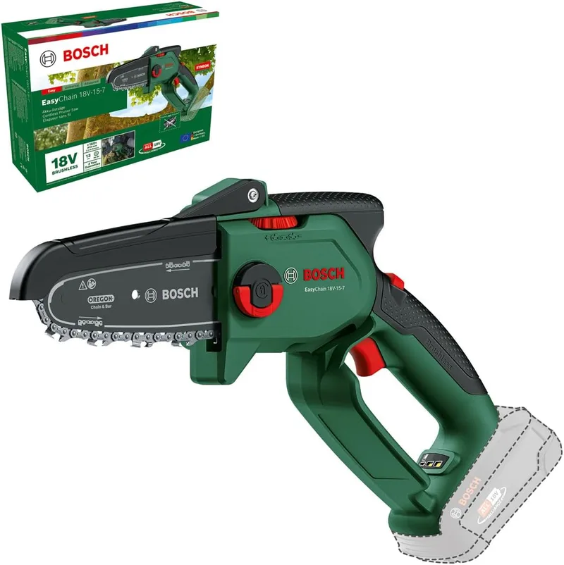Bosch ▫️ Mini motosserra a bateria EasyChain 18V-15-7 (para cortar madeira; sistema de 18 volts; velocidade da corrente: 6,95 m/s; sem bateria)