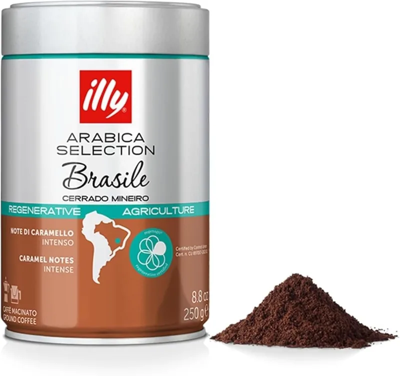 illy ▫️ Café Moído para Expresso «Arábica Selection Brasile Cerrado Mineiro», 100% Arábica com notas de caramelo e frutos secos, sabor intenso, 1 lata de 250 g