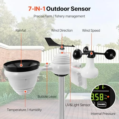 VEVOR ▫️ 7 em 1 Estação Meteorológica Sem Fios Wi-Fi para Interior e Exterior, com Grande Ecrã a Cores de 7,5", Estação Meteorológica Digital com Sensor de Temperatura, Humidade, Velocidade e Direção do Vento e Sensor de Chuva 2