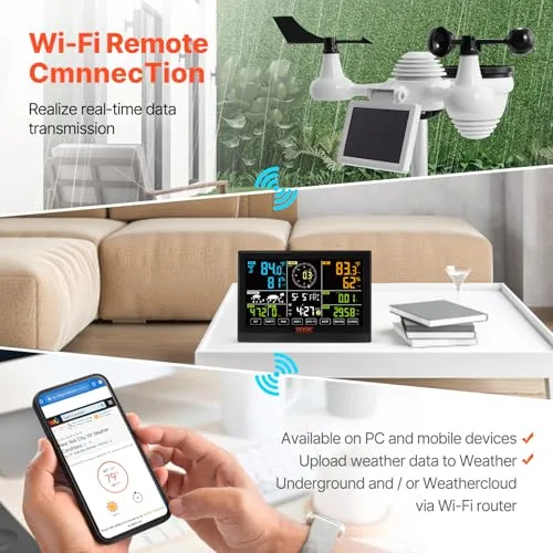 VEVOR ▫️ 7 em 1 Estação Meteorológica Sem Fios Wi-Fi para Interior e Exterior, com Grande Ecrã a Cores de 7,5", Estação Meteorológica Digital com Sensor de Temperatura, Humidade, Velocidade e Direção do Vento e Sensor de Chuva 3