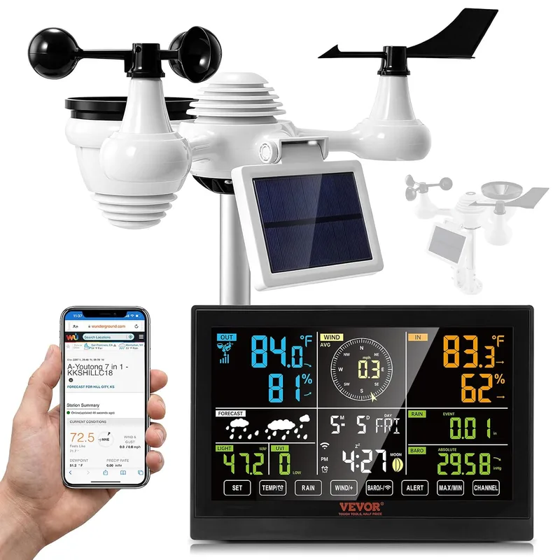 VEVOR ▫️ 7 em 1 Estação Meteorológica Sem Fios Wi-Fi para Interior e Exterior, com Grande Ecrã a Cores de 7,5", Estação Meteorológica Digital com Sensor de Temperatura, Humidade, Velocidade e Direção do Vento e Sensor de Chuva