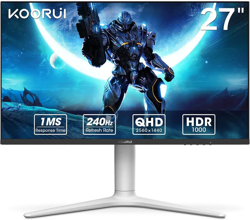 KOORUI ▫️ Monitor de 27 polegadas, monitor de 240 Hz, ecrã de computador QHD 2560 × 1440, monitor para jogos VA Mini LED, 1 ms, Adaptive Sync, 2xHDMI 2.0, DisplayPort 1.4, HDR1000, 95% DCI-P3, VESA 75 × 75 mm, Altura Ajustável