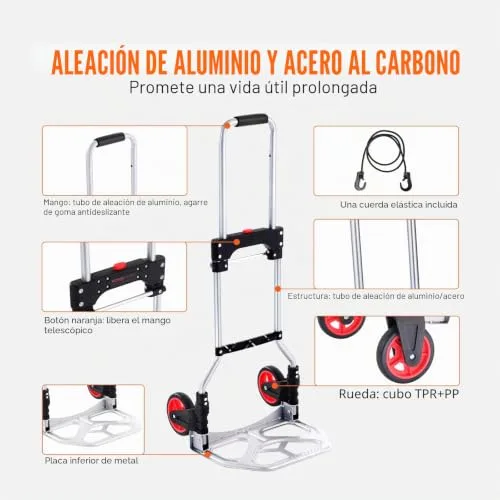 VEVOR ▫️ Carrinho de mão dobrável em alumínio, com capacidade de carga de 80 kg. Carrinho de mão de alta resistência com rodas de borracha e pega telescópica para transporte doméstico, mercadorias de armazém e supermercado 5