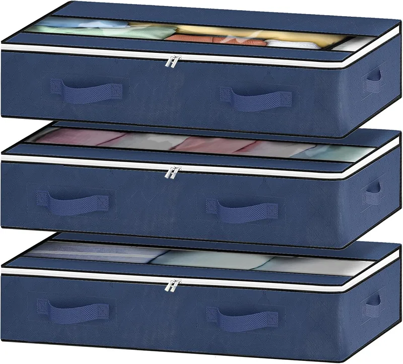 GoMaihe ▫️ 3 peças, arrumação debaixo da cama, sacos dobráveis para arrumação de roupa com pega reforçada, caixa organizadora de armário de edredão, capa para sapatos azul