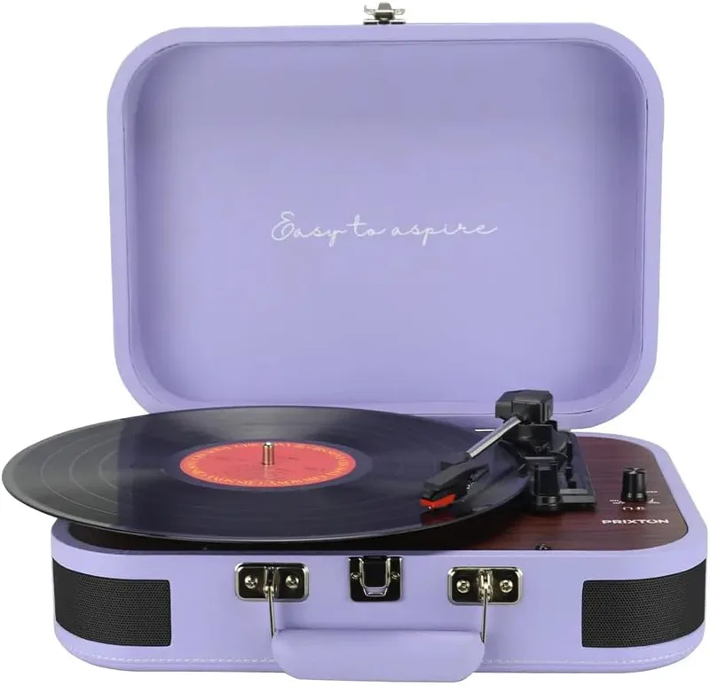 PRIXTON ▫️ Gira-discos vintage VC600, Reprodutor de discos de vinil e música via Bluetooth e USB, Digitalização de discos de vinil, 2 altifalantes incorporados, Design tipo mala, Cor lilás