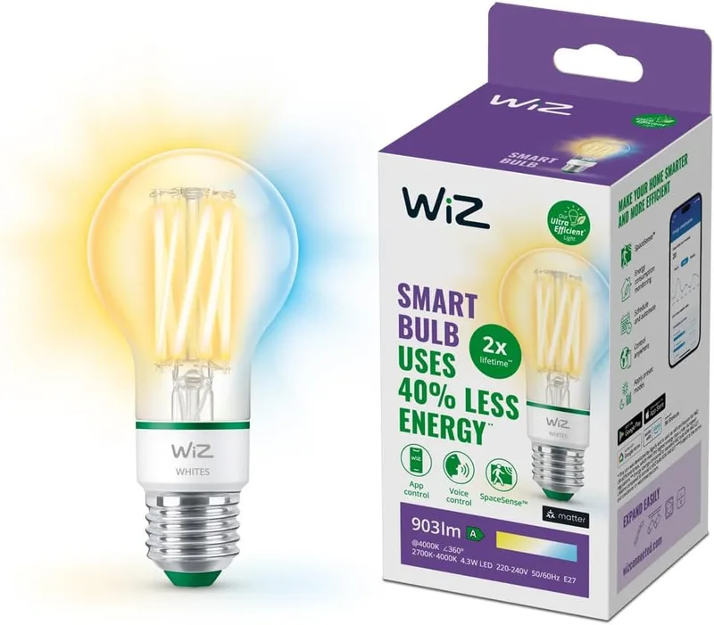 WiZ ▫️ Lâmpada LED inteligente, E27, classe A (poupança de energia), ligação via Wi-Fi, tecnologia SpaceSense e Matter, compatível com Alexa