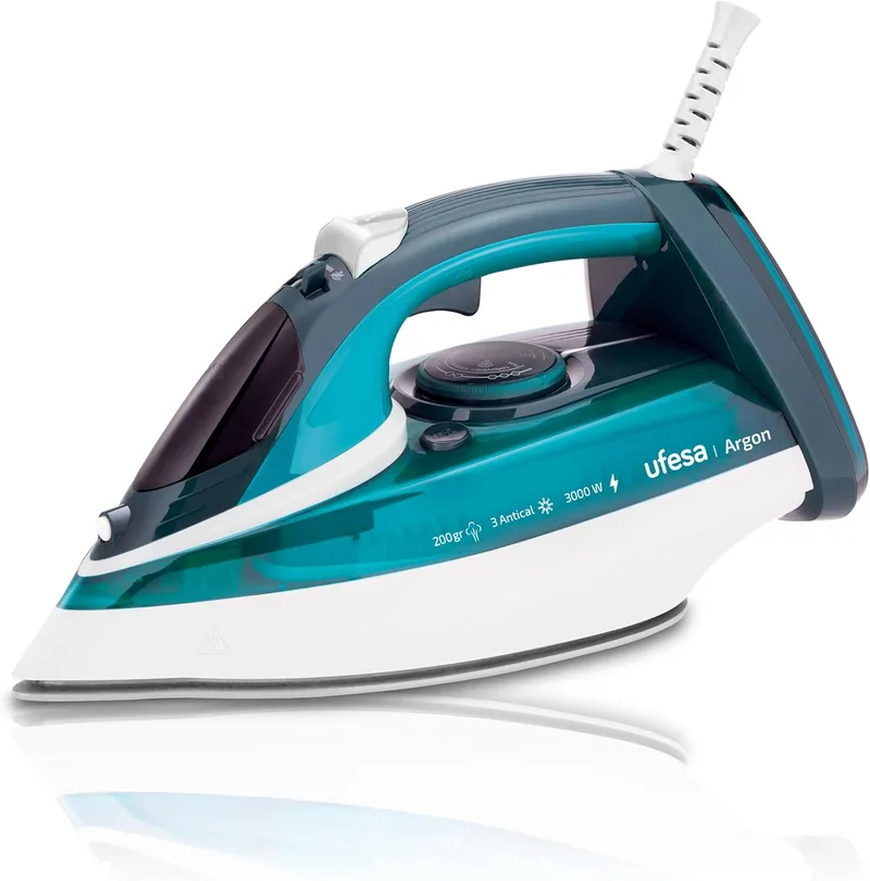 Ufesa ▫️ Ferro a vapor Argon 3000W, máx. 200gr e curso de vapor variável 0-40gr /min, base cerâmica, vapor ou secagem, sistema triplo anti-calcário, ferro a vapor anti-gotejamento