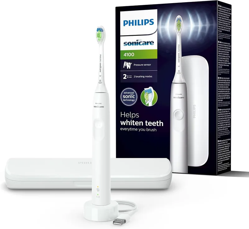 PHILIPS ▫️ Sonicare 4100 Escova de dentes elétrica, para adultos, com 1 cabeça de escovagem sónica, W2 Optimal White em branco, estojo de viagem compacto e carregador USB, modelo HX3683/33