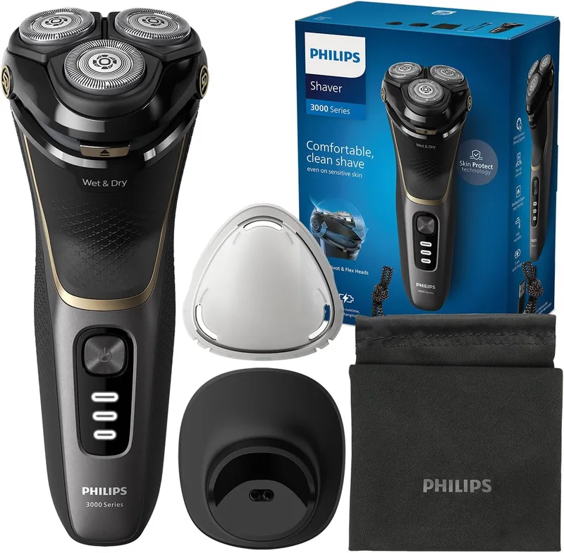 PHILIPS ▫️ Série 3000 Máquina de barbear elétrica para homem, máquina de barbear com aparador de barba, 27 lâminas, cuida da pele, 60 min de autonomia, Para uso a seco e molhado, recarregável, estojo, base de carregamento, S3342/13, preto
