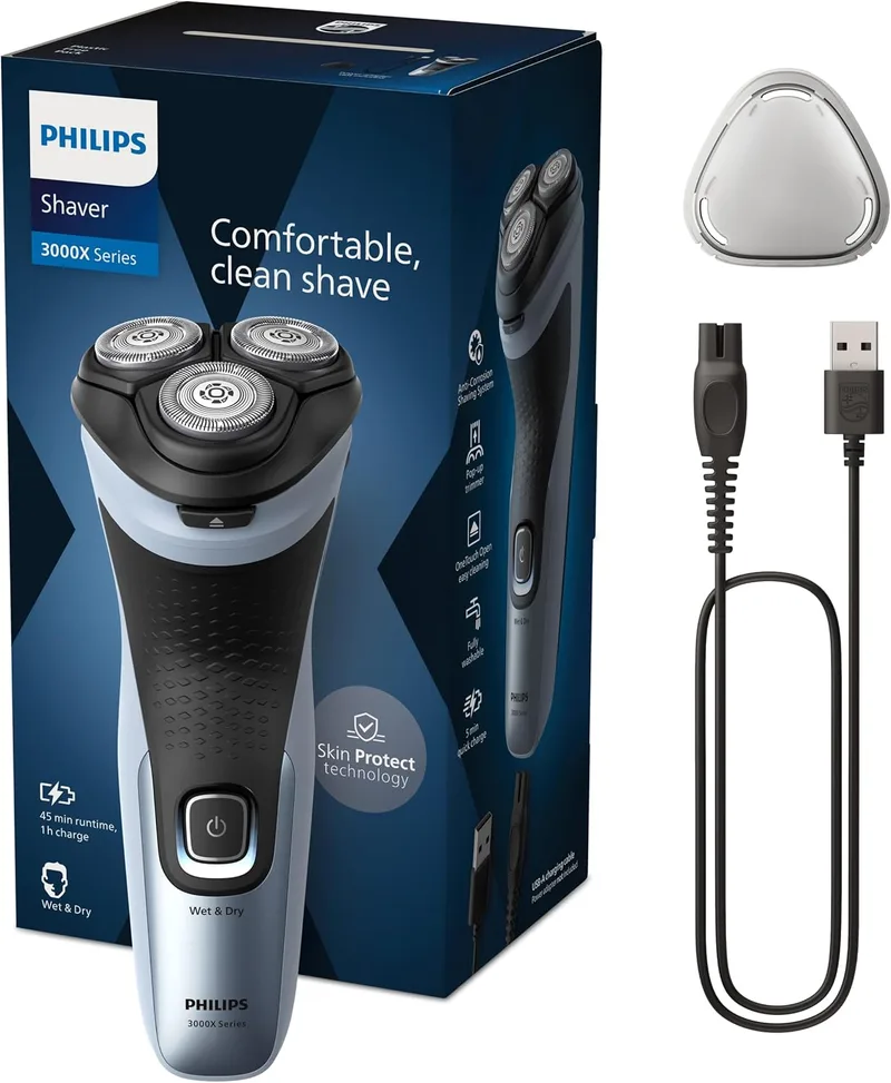 PHILIPS ▫️ Série X3000 Máquina de barbear elétrica para homem, máquina de barbear com aparador de barba, 27 lâminas, cuida da pele, 45 min de autonomia, para uso a seco e molhado, recarregável, X3053/00, azul