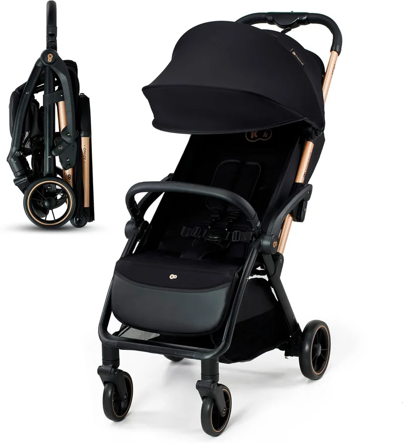 Kinderkraft ▫️ APINO Cadeira de passeio para bebé, Carrinho de bebé, AUTO FOLDING, Dobragem automática, Posição reclinada, Posição deitada, Leve, 7,5 g, Impermeável, Carga máxima de 24 kg, Preto