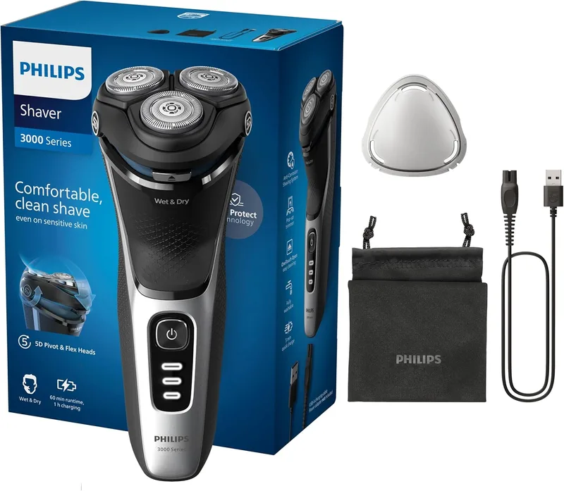 PHILIPS ▫️ Série 3000 Máquina de barbear elétrica para homem, máquina de barbear com aparador de barba, 27 lâminas, cuida da pele, 60 minutos de autonomia, para uso a seco e molhado, recarregável, estojo, S3241/12, cinzento