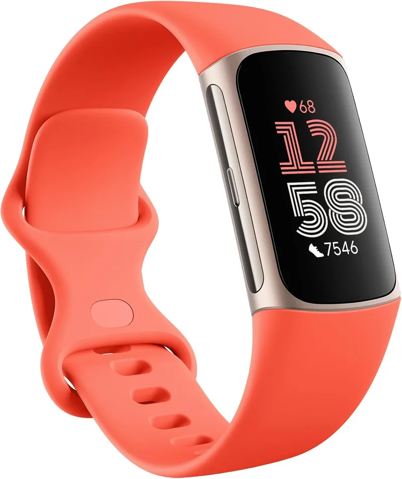 Fitbit ▫️ Google Charge 6 - Pulseira de atividade com 3 meses de subscrição do serviço Google Health Premium incluídos, 7 dias de autonomia da bateria, Google Wallet e Maps, Coral/Alumínio Dourado Champanhe