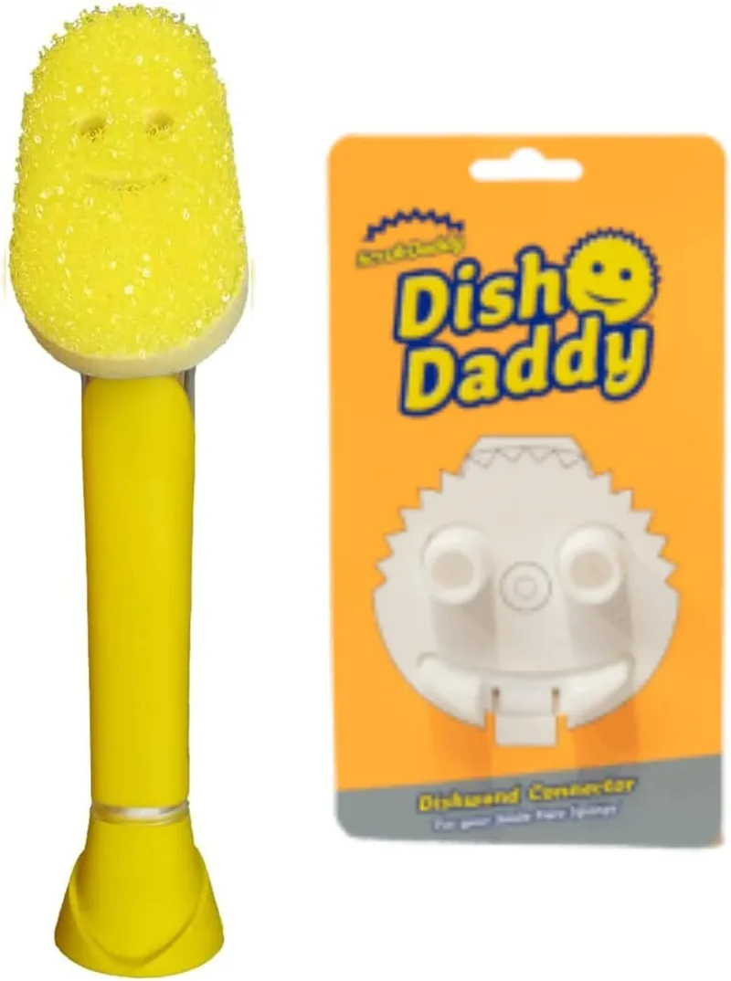 Scrub Daddy ▫️ Dish Daddy - Vara e cabeça de ligação, escova com dispensador de sabão, esponja de lavagem que muda de textura com cabo com líquido, esponja para louça com raspador integrado, cabeça de