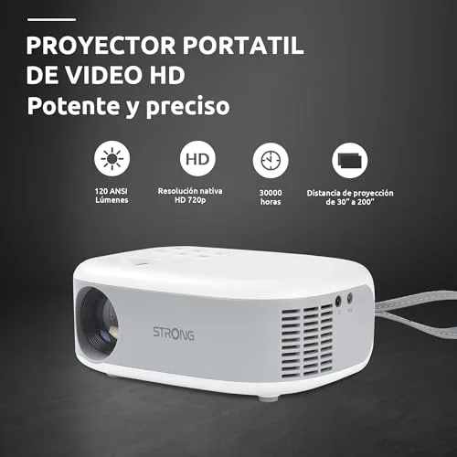 Strong ▫️ Mini-projetor de vídeo N1 - Resolução HD 720p, compatível com Full HD 1080p - 120 lúmenes ANSI - Distância de projeção de 0,9 a 6,2 m - Conectividade HDMI/USB/AV + saída de áudio - Branco 2