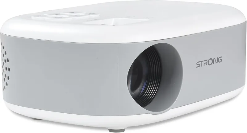 Strong ▫️ Mini-projetor de vídeo N1 - Resolução HD 720p compatível com Full HD 1080p - 120 lúmenes ANSI - Distância de projeção de 0,9 a 6,2 m - Conectividade HDMI/USB/AV + Saída de Áudio - Branco