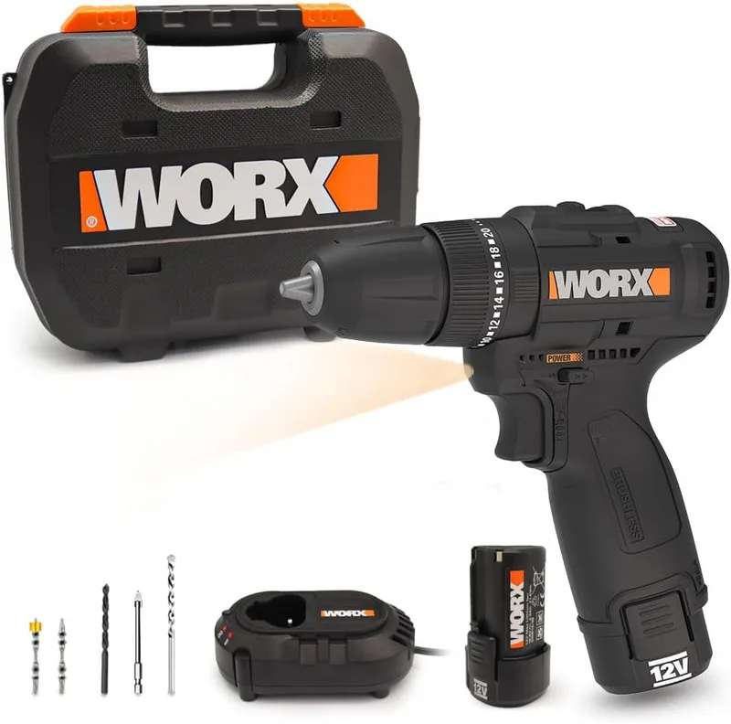 WORX ▫️ WX121 Berbequim de percussão de 12 V sem escovas, 40 Nm, compacto, 3 em 1, com 2 baterias de 2 Ah, carregador e mala de transporte, para metal, madeira e alvenaria