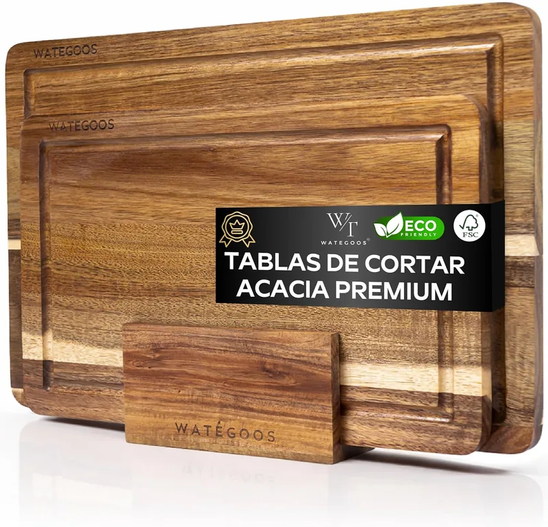 WATEGOOS ▫️ Conjunto de 2 tábuas de cortar de cozinha em madeira de acácia + suporte incluído