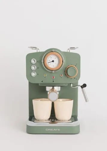 CREATE ▫️ / THERA RETRO / Máquina de café expresso semiautomática em verde sage mate e madeira / 20 bar, braço com saída dupla, depósito de 1,25 L, café moído e cápsulas ESE de 55 mm, com bico de vapor, 1100 W 2