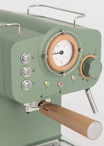 CREATE ▫️ / THERA RETRO / Máquina de café expresso semiautomática em verde sage mate e madeira / 20 bar, braço com saída dupla, depósito de 1,25 L, café moído e cápsulas ESE de 55 mm, com bico de vapor, 1100 W 3
