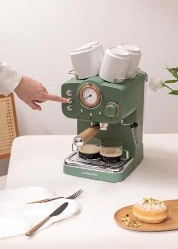 CREATE ▫️ / THERA RETRO / Máquina de café expresso semiautomática em verde sage mate e madeira / 20 bar, braço com saída dupla, depósito de 1,25 L, café moído e cápsulas ESE de 55 mm, com bico de vapor, 1100 W 5