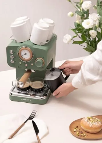 CREATE ▫️ / THERA RETRO / Máquina de café expresso semiautomática em verde sage mate e madeira / 20 bar, braço com saída dupla, depósito de 1,25 L, café moído e cápsulas ESE de 55 mm, com bico de vapor, 1100 W 7