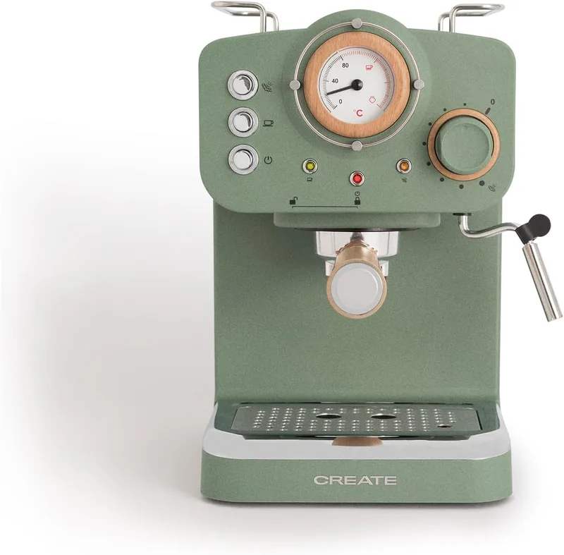 CREATE ▫️ / THERA RETRO / Máquina de café expresso semiautomática em verde sage mate e madeira / 20 bar, braço com saída dupla, depósito de 1,25 L, café moído e cápsulas ESE de 55 mm, com bico de vapor, 1100 W