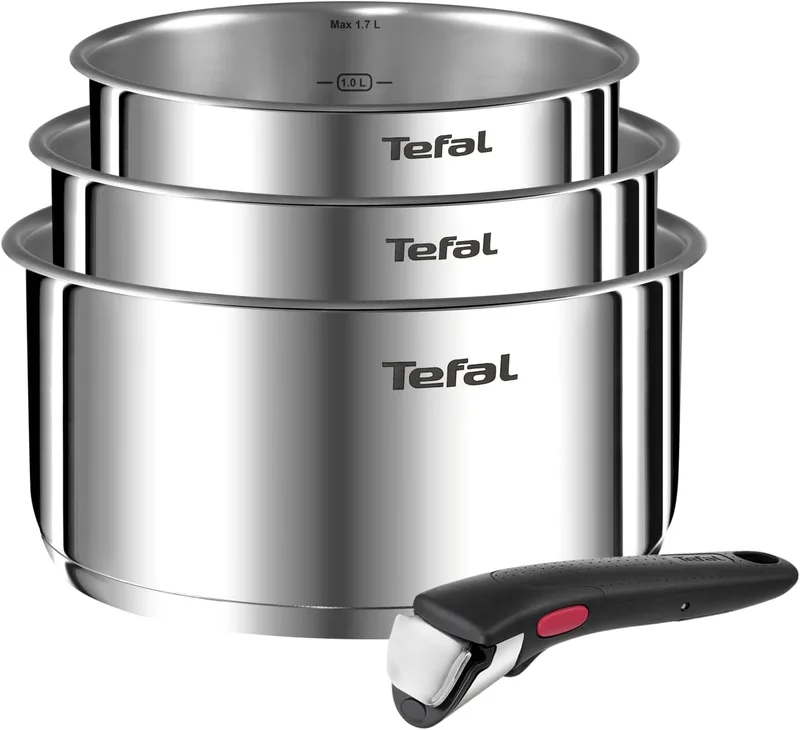 Tefal ▫️ Ingenio Emotion - Conjunto de 3 panelas, aço inoxidável, sem revestimento | 3 panelas de 16/18/20 cm + cabo removível, adequadas para indução e forno, sem revestimento, tecnologia Full Induction