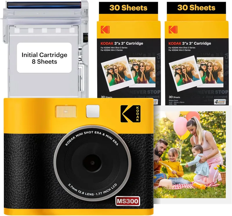 KODAK ▫️ Mini Shot 3 ERA 4PASS Câmara Instantânea e Impressora de Fotos 2 em 1 (7,6 x 7,6 cm) (Câmara + Pacote com 68 Folhas (8 Folhas Iniciais + 60 Folhas), Amarelo)