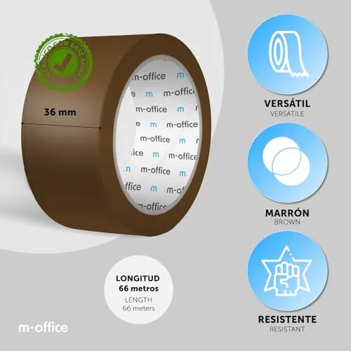 m-office ▫️ Fita Adesiva, Fita Adesiva Castanha para Embalagem, Rolo de Fita para Embalagem de Caixas, Envios, Mudanças e Trabalhos Manuais, Selo de Segurança Resistente, Fita Adesiva (36 unidades, 36 mm x 66 m) 2