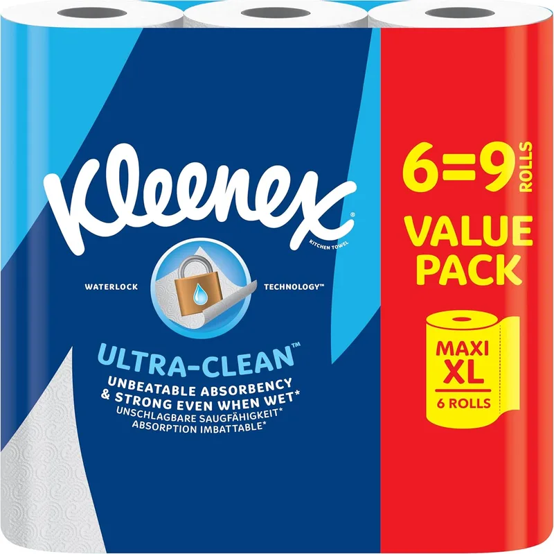 Kleenex ▫️ ® Ultra Clean™ Toalha de cozinha, 6 rolos de cozinha Maxi XL (=9 rolos), Toalha de cozinha com absorção e resistência incomparáveis - embalagem 100% reciclável