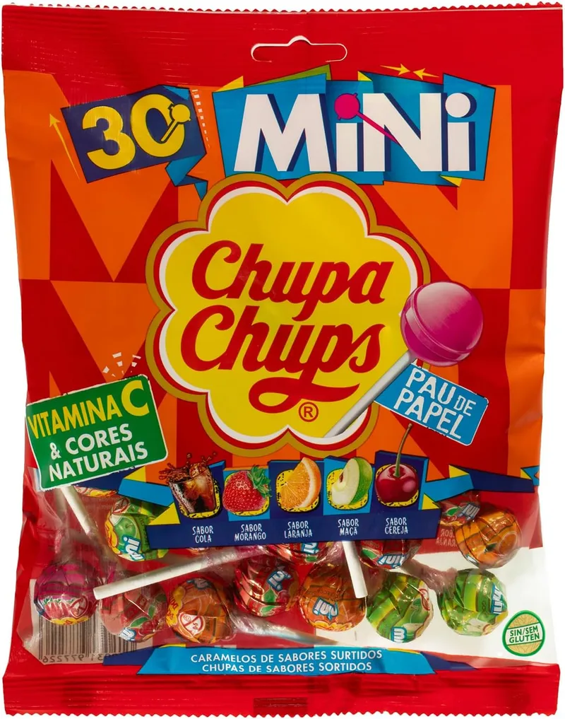 Chupa Chups ▫️ Mini, Caramelo com Pau, Sabores Variados, Saco de 30 unidades