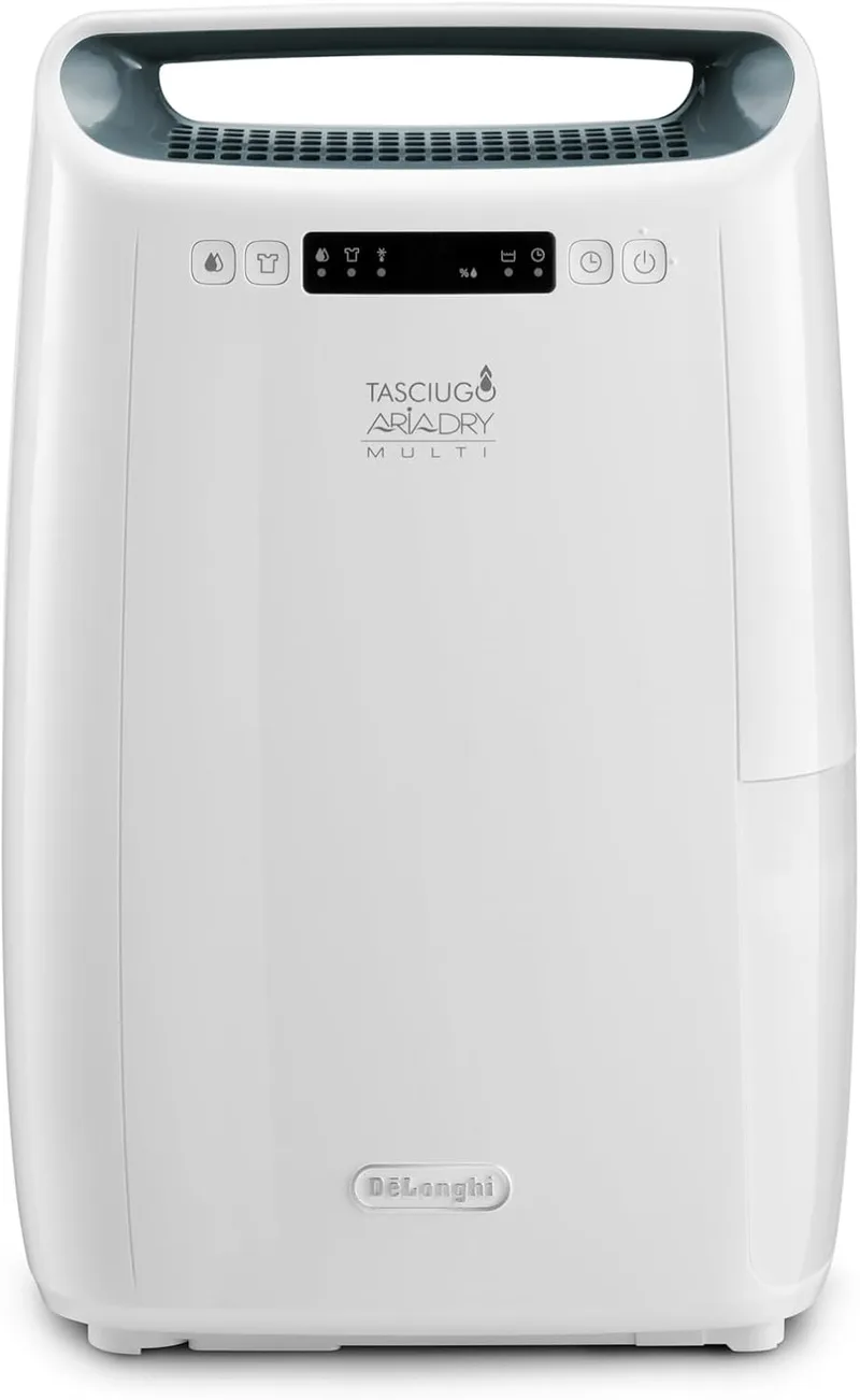 Desumidificador multiusos De'Longhi AriaDry DEXD216RF, elimina a humidade em casa com filtragem de 3 acções, função de secagem, humidificação 16L/dia, R290, depósito de água amovível, branco