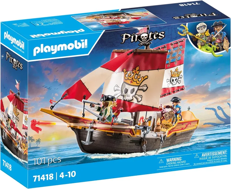 PLAYMOBIL ▫️ Piratas 71418 Navio Pirata, emocionantes aventuras em alto mar, com acessórios completos como telescópio, bússola e canhões, Brinquedos para crianças a partir dos 4 anos